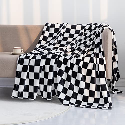 LOMAO Throw Blankets Flannel Blanket with Checkerboard Grid Pattern Soft Throw Blanket for Couch, Bed, Sofa Luxurious Warm and Cozy for All Seasons (Black, 50'x60')