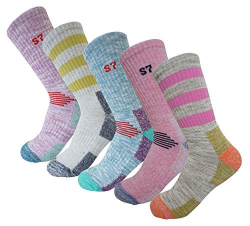 SEOULSTORY7 5Pack Women's Multi Performance Padded Hiking/Outdoor Crew Socks 5Pack Assortment Solid3P /Stripe2P Small