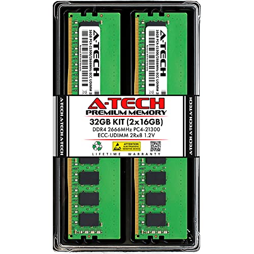 A-Tech 32GB Kit (2x16GB) RAM for Biostar TA320-BTC, X370GT3, X370GT5, X370GT7, X370GTN, X470GT8, X470GTN, Z370GT6, Z370GT7 | DDR4 2666MHz PC4-21300 ECC UDIMM 2Rx8 ECC Unbuffered Server Memory Upgrade