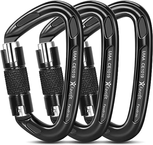 Locking Climbing Carabiner Heavy Duty: Favofit UIAA Certified 25kn (5620 lbs) Safety Large Rock Clips