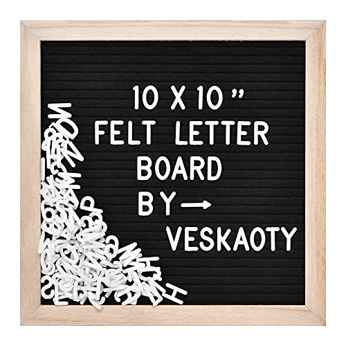Felt Letter Board with 294 Letters, Numbers & Symbols - 10 x 10 inch Changeable Message Board with Wooden Frame Wall Mount Hook, (Black Board & Wood Frame)