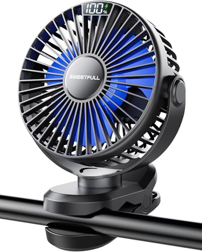 SWEETFULL Portable Clip on Fan - Battery Operated Stroller Fan, 4000mAh Small Rechargeable Fan with LED Display, 4 Speeds, Mini Personal Cooling Desk Fan for Golf Cart Travel Camping Gym (Black)