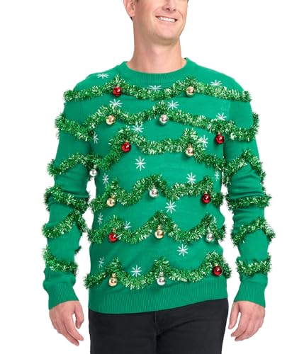 Tipsy Elves Men's Gaudy Garland Sweater - Tacky Christmas Sweater w/Ornaments (Large) Green