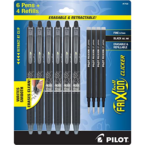 Pilot Frixion Erasable Pens - 6 Pack of Black Ink Pens + 4 Bonus Refills - Clicker Retractable Gel Ink Pen - Fine Point 0.7 mm Used for Rocketbook & Notebook