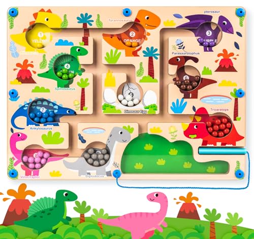 Commodum Magnetic Color and Number Maze, Montessori Counting Matching Learning Puzzle Board, Dinosaur Wooden Magnet Maze Game, Toddler Fine Motor Skills Travel Toys for Boys Girls 3 4 5 Years Old