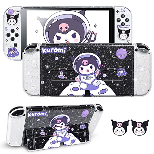 DLseego Little Devil Rabbit Glitter Switch OLED Protective Case Astronaut Clear Dockable Anti-Scratch Hard Shell Soft TPU Joy Con Cover with 2PCS Cute Cartoon Thumb Grips Caps for Switch 2021 Version