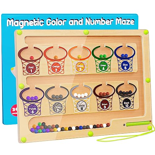 Magnetic Color and Number Maze Montessori Toys,Wooden Magnet Puzzles Board for 3 year old ,Sensory Activities Counting Matching Games Sorting Fine Motor Skills Preschool Educational Toys for Toddler