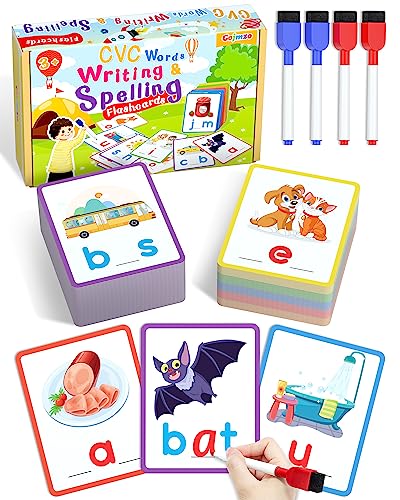 Gojmzo CVC Word Writing & Spelling Flash Cards, Preschool Learning Toddler Activities, Kindergarten Homeschool Supplies, Sight Words Reading Game, Montessori Educational Toys for 3 4 5 6 Year Old Kids
