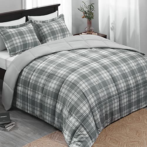 Basic Beyond Queen Comforter Set - Grey Buffalo Plaid Comforter Set Queen Down Alternative Bed Comforter Queen Set for All Season(1 Comforter with 2 Pillow Shams, 88' x 92')