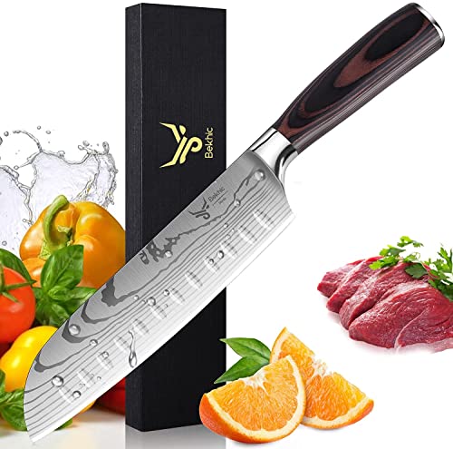 Bekhic Santoku Knife- SKnife Pro Kitchen Knife 7 Inch Kitchen Knife Asian Knife Japanese Chef Knife made of German High Carbon Stainless Steel ，Ergonomic Handle, Ultra Sharp (Silver&Maroon)
