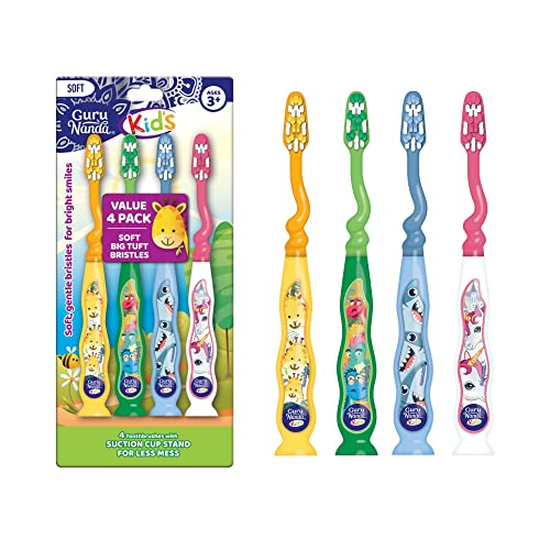 GuruNanda Kids Toothbrush with Suction Cup & Fun Animal Designs - Soft Bristles for Healthy Gums- Non-Slippery & Mess-Free Toothbrush, 3+ Age- 4 Count