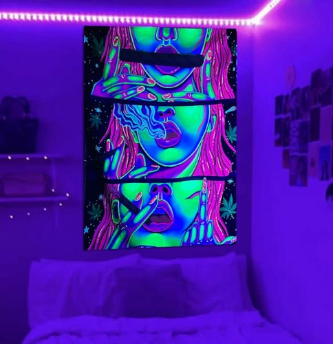 Hippie Hippy Wall Tapestry Trippy Smoking Cool Girl Blacklight Weed Tapestry for Stoner Bedroom Room Decor Weed Accessories Marijuana Cannabis Smoke Tapestry Trippy Poster Trippy Room Decor 48” x 36”