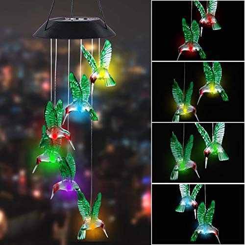 MorTime LED Solar Hummingbird Wind Chime, 25' Mobile Hanging Wind Chime for Home Garden Decoration, Automatic Light Changing Color(Hummingbird)