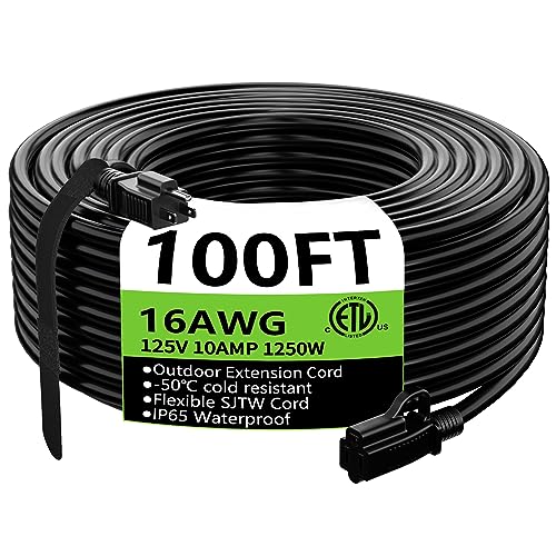 HUANCHAIN Indoor Outdoor Black Extension Cord 100 ft Waterproof, 16/3 Gauge Flexible Cold-Resistant Appliance Extension Cord Outside, 10A 1250W 16AWG SJTW, 3 Prong Heavy Duty Electric Cord, ETL