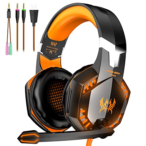 VersionTECH. G2000 Gaming Headset, Bass Surround Gaming Headphones with Noise Cancelling Mic, LED Lights, Soft Memory Earmuffs for PS5/ PS4/ Xbox One Controller/Laptop/PC/Mac/Nintendo NES Games-Yellow
