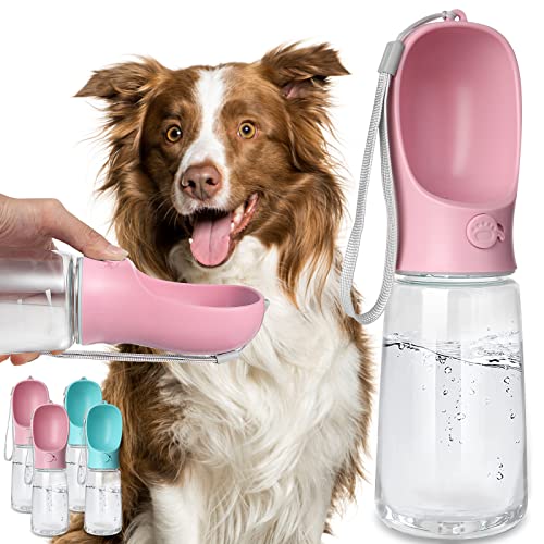 Kalimdor Dog Water Bottle, Leak Proof Portable Puppy Bowl Water Dispenser with Drinking Feeder for Pets Outdoor Walking, Hiking, Travel, Food Grade Plastic (19oz Pink)