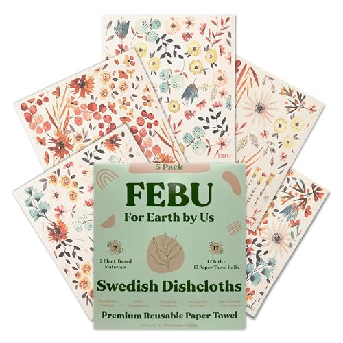 FEBU Swedish Dishcloths for Kitchen | 5 Pack Watercolor Dish Towels | Reusable Paper Towels Washable | Non-Scratch Cellulose Sponge Cloths | No Odor, Biodegradable, Swedish Cloths