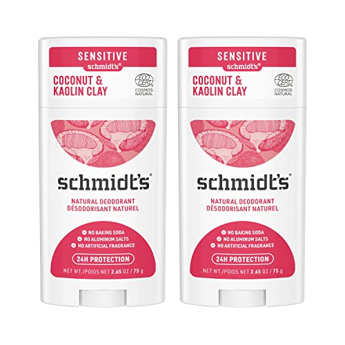 Schmidt's Aluminum Free Natural Deodorant Coconut & Kaolin Clay 2-pk for Women and Men, with 24 Hour Odor Protection, Certified Natural, Cruelty Free, Vegan Deodorant 2.65oz