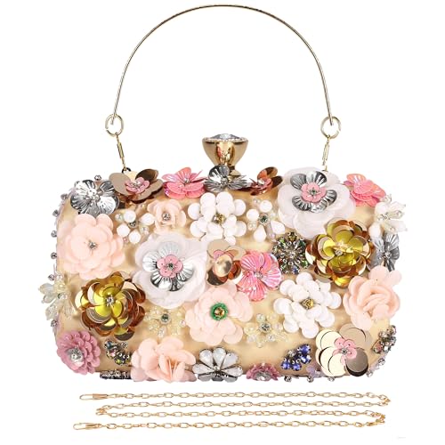 Selighting Colorful Floral Clutch Evening Bags for Women Formal Beaded Wedding Purse Prom Cocktail Party Handbags Apricot