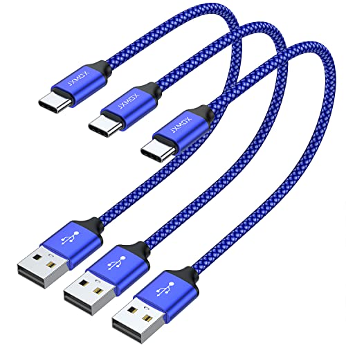 JXMOX Short USB C Cable (1ft 3-Pack), USB Type C Cable Fast Charge Cord Compatible Samsung Galaxy Note 9 8,S20 S10 S9 S8 Plus, LG V30 V20 G5,Nexus,Moto Z2 Z3,Power Bank and Portable Charger (Blue)