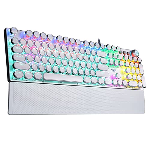 AULA F2088 Typewriter Style Mechanical Gaming Keyboard,Rainbow LED Backlit,Removable Wrist Rest,Media Control Knob,Retro Punk Round Keycaps,USB Wired Computer Keyboard,White