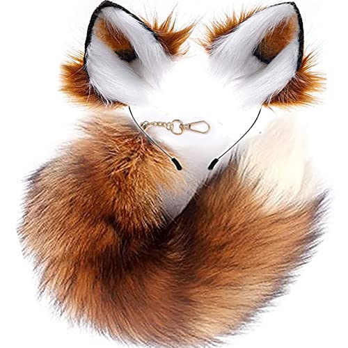 YXCFEWD Fox Costume Fox Ears Therian Tail Set Cat Wolf Ears Fluffy Furry Tail (Brown with White)