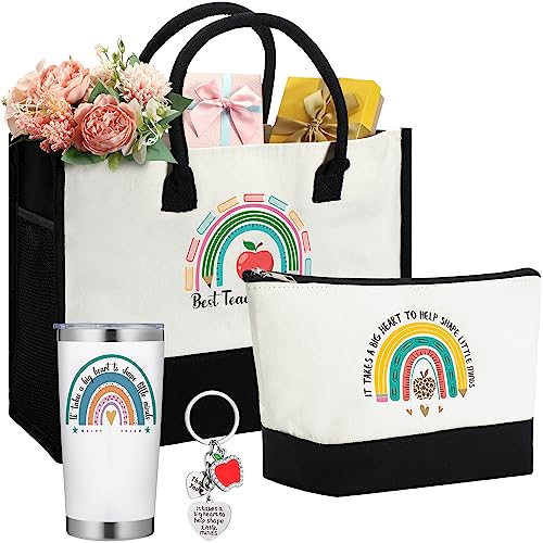 Bokon 4 Pieces Back to School Gift for Teachers Include Rainbow Canvas Teacher Bag 20 oz Insulated Wine Tumbler Makeup Cosmetic Bag Teacher Keychains for Women Teachers Appreciation Birthday