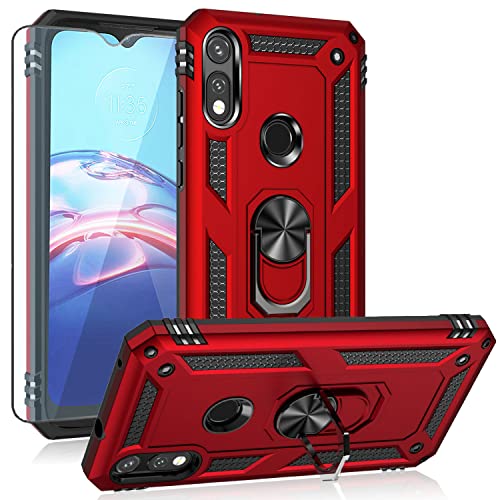 YZOK Compatible with Moto E 2020 case,Motorola E case,with HD Screen Protector,[Military Grade] Ring Car Mount Kickstand Hybrid Hard PC Soft TPU Shockproof Protective Case for Motorola Moto E (Red)