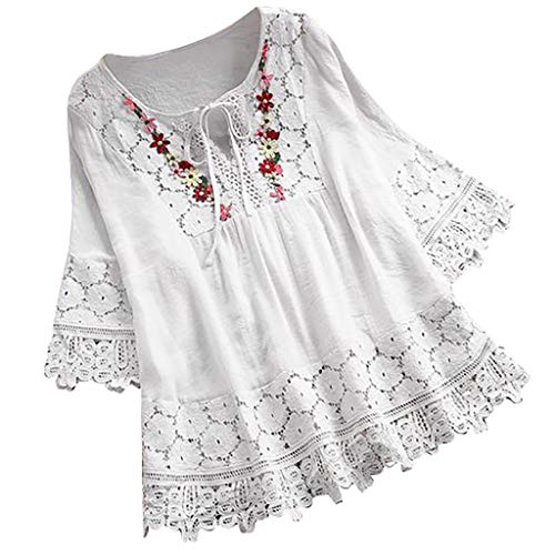 Meikosks Women's Lace Patchwork Blouses Plus Size T Shirt V-Neck 3/4 Sleeve Tops Loose Tee White