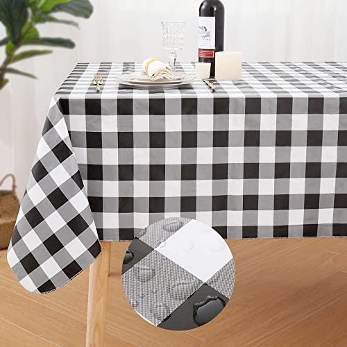 misaya Rectangle Waterproof Vinyl Table Cloth, Buffalo Flannel Backed Tablecloth, Wipeable Plastic Table Cover for Dinner, Kitchen, Outdoor, (60' x 84', Black and White)