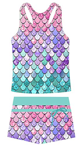 Belovecol Girls Tankini Swimsuits Two Piece Mermaid Boyshort Bathing Suits Summer Sleeveless Top and Shorts Sun Protection Sets 8-9T