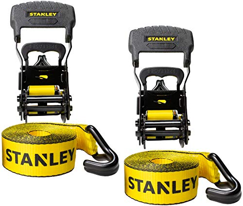 STANLEY S1007 Black/Yellow 1.5' x 16' Ratchet Tie Down Straps - Heavy Cargo Securing (3,300 lbs Break Strength), 2 Pack