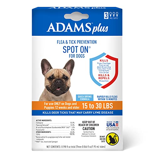 Adams Plus Flea & Tick Prevention Spot On for Dogs 15-30 Pounds, 12 Weeks & Older, 3-Month Supply, Kills Fleas, Flea Eggs, Flea Larvae & Brown Dog & Deer Ticks, Kills & Repels Mosquitoes For 30 Days