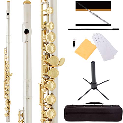 ﻿Mendini By Cecilio Flutes - Closed Hole C Flute For Beginners, 16-Key Flute with a Case, Stand, Lesson Book, and Cleaning Kit, Musical Instrument for Kids, Nickel with Gold Keys