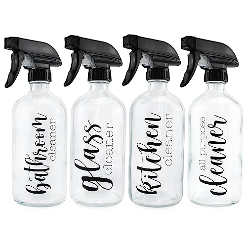 Cornucopia Cleaning Spray Bottles Set, Glass (Set of 4, 16-Ounce); Refillable Trigger Sprayers with Mist/Stream Settings and Farmhouse Script