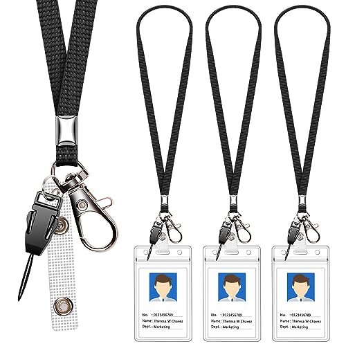 3 Pack Neck Lanyard with ID Badge Holder, Office Strap Lanyards, Stainless Metal Swivel Hook for Name Tag, Badge Holders, Keychains, Card, Black