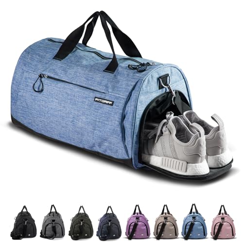 Fitgriff Gym Bag V1 for Men & Women with Shoe & Wet Compartment - Duffle Bag for Travel, Sports, Fitness & Workout (Light Blue, 23 x 12 x 12″ (Medium))