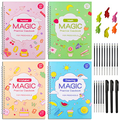 PHUSBLAY 4Pc Large Magic Practice Workbook -4 Packs of Reusable Writing Workbooks, Groove Template Designs and Writing Aid Exercises to Improve Writing Skills 12.13 x 8.43 Inches