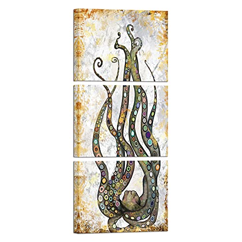 iKNOW FOTO 3 pcs Rustic Octopus Wall Art Painting Brown Marine Animal Picture Print On Canvas Ocean Life Poster for Bathroom Bedroom Home Decor Decoration Gift Easy to Hang Each Panel 12x16inch