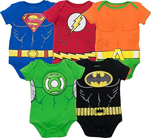 Warner Bros. Justice League Baby Boys' 5 Pack Superhero Bodysuits - Batman, Superman, The Flash, Aquaman and Green Lantern (6-9M)