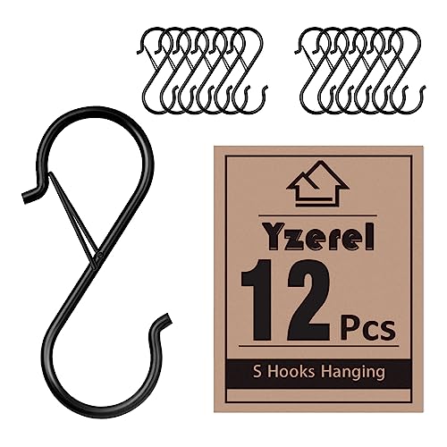 Yzerel 12Pcs S Hooks Hanging Safety Buckle - 3.5 inch Heavy Duty S Hooks,Hanging Plants for Closet Hooks, Clothes, Kitchen Utensil, Pots and Pans, Bags (Black)