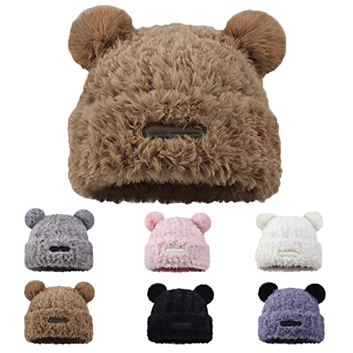 Cute Fuzzy Bear Ear Beanie Hat for Women Skin-Friendly Plush Warm Woolen Hat Winter Faux Fur Animal Knitted Hat Cap (Khaki)