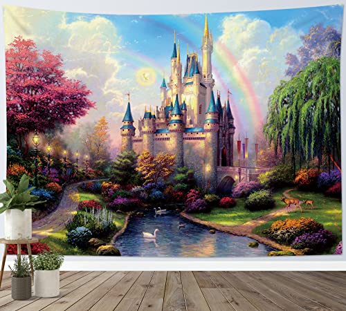 HVEST Castle Tapestry Trees and River in Fantasy Forest Wall Hanging Fairy Tale Tapestries for Kids Bedroom Living Room Dorm Party Wall Decor,60Wx40H inches