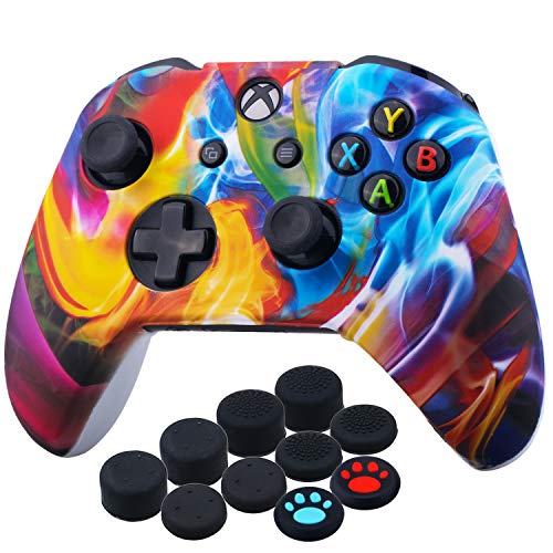 YoRHa Printing Rubber Silicone Cover Skin Case for Xbox One S/X Controller x 1(Colourful Stream) with Thumb Grips x 10
