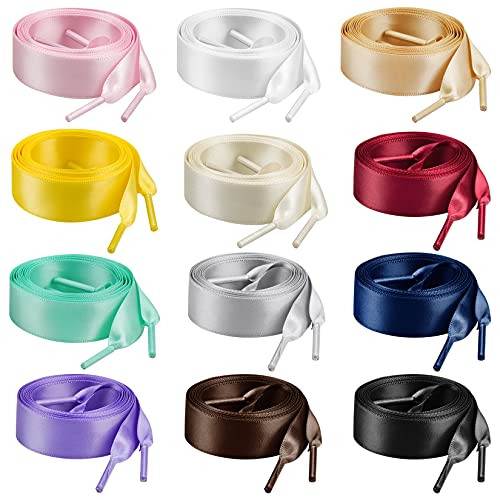 Marrywindix 12 Pairs 47' Flat Satin Ribbon Shoelaces Colorful Silk Shoestrings Wide Shoe Laces for Sneakers Skate Shoes Boots Sport Shoes (12 Colors)