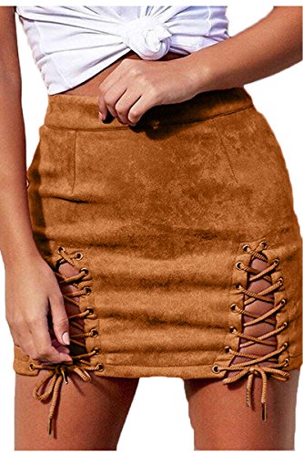 Meyeeka Women Solid Criss Cross Fuax Suede Hollow Out Stretch Mini Skirt Khaki S
