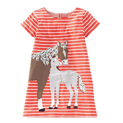 Youlebao Girls Cotton Long Sleeve Casual Cartoon Appliques Striped Jersey Dresses (7T, Orange Horse)