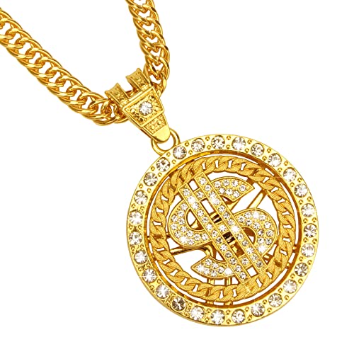 AHIER Rotatable Gold Necklace Chain with Dollar Sign, 18K Gold Plated Hip Hop Chain Necklace Pendant for Men, 33inch