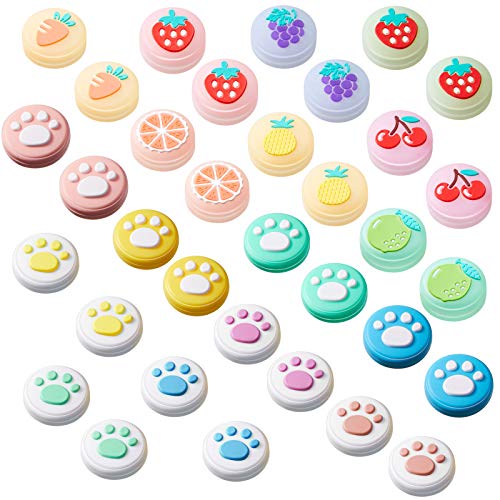 Skylety 32 Pieces Replacement Soft Silicone Cat Paw and Fruit Design Thumb Grip Caps Analog Stick Cover Joystick Cap Luminous Cover Compatible with Nintendo Switch, Switch Lite, Joy-Con Controller