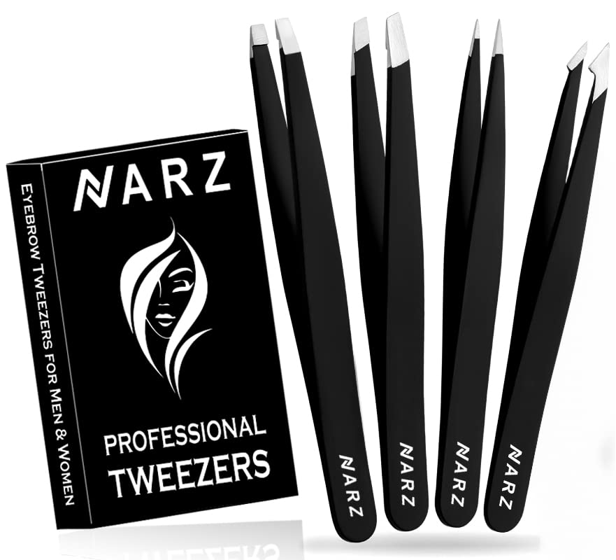 NARZ 4Pcs Professional Tweezers for Women Facial Hair Stainless Steel Precision Tweezers for Ingrown Hair Eyebrow Tweezer for Men & Women (Black Set)